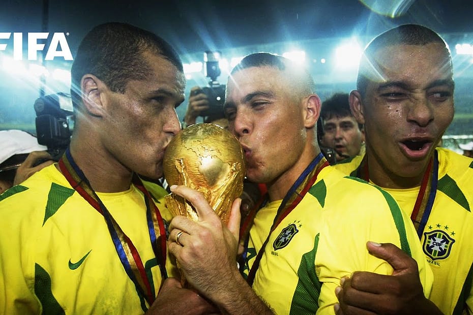 Brazil football team with world cup trophy